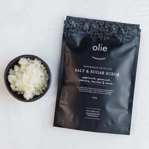 Olieve & olie Salt and sugar scub in a black bowl on a white background. Custom Gift Hamper. The Petal Provedore.